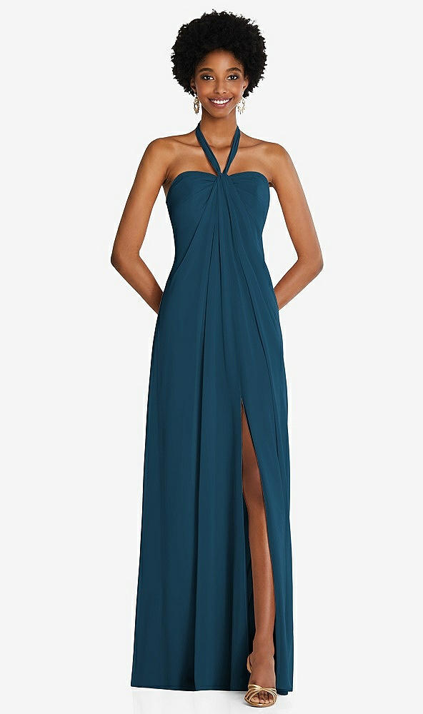 Front View - Atlantic Blue Draped Chiffon Grecian Column Gown with Convertible Straps
