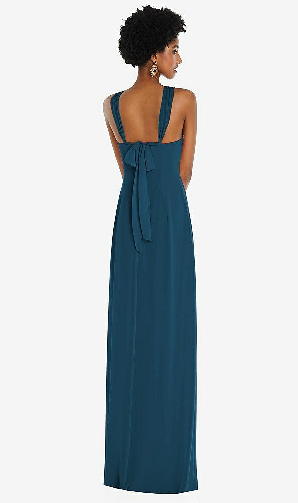 Back View - Atlantic Blue Draped Chiffon Grecian Column Gown with Convertible Straps