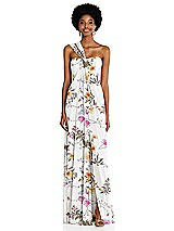 Alt View 1 Thumbnail - Butterfly Botanica Ivory Draped Chiffon Grecian Column Gown with Convertible Straps