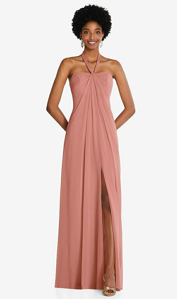 Front View - Desert Rose Draped Chiffon Grecian Column Gown with Convertible Straps