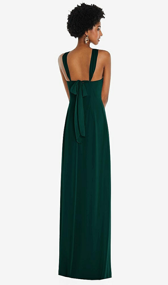 Back View - Evergreen Draped Chiffon Grecian Column Gown with Convertible Straps