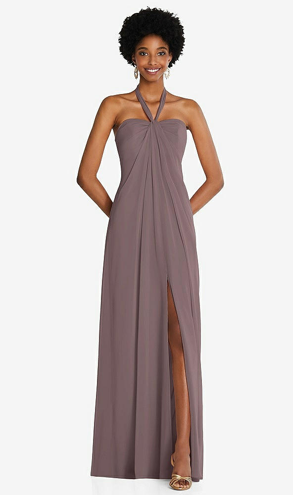 Front View - French Truffle Draped Chiffon Grecian Column Gown with Convertible Straps