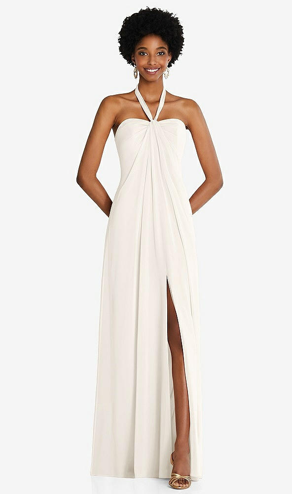 Front View - Ivory Draped Chiffon Grecian Column Gown with Convertible Straps