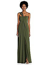 Alt View 1 Thumbnail - Olive Green Draped Chiffon Grecian Column Gown with Convertible Straps