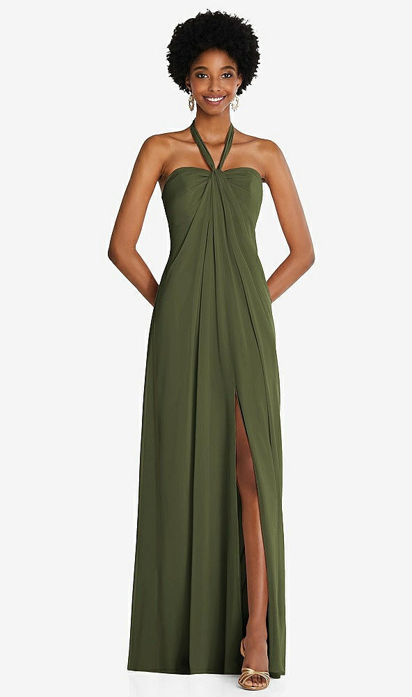 Front View - Olive Green Draped Chiffon Grecian Column Gown with Convertible Straps