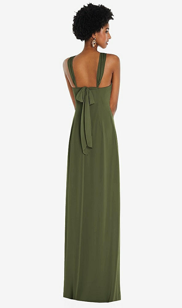 Back View - Olive Green Draped Chiffon Grecian Column Gown with Convertible Straps
