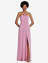 Front View Thumbnail - Powder Pink Draped Chiffon Grecian Column Gown with Convertible Straps