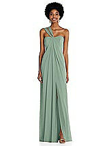 Alt View 1 Thumbnail - Seagrass Draped Chiffon Grecian Column Gown with Convertible Straps