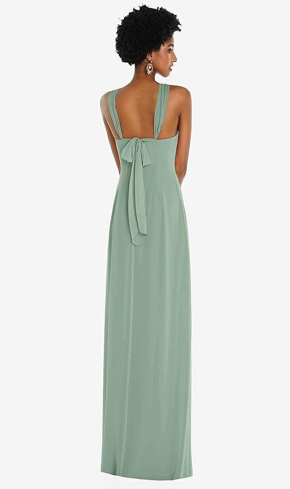 Back View - Seagrass Draped Chiffon Grecian Column Gown with Convertible Straps