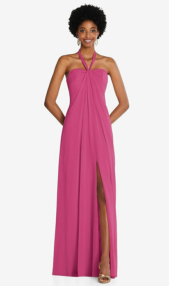 Front View - Tea Rose Draped Chiffon Grecian Column Gown with Convertible Straps