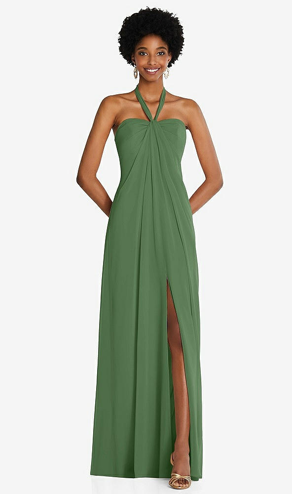 Front View - Vineyard Green Draped Chiffon Grecian Column Gown with Convertible Straps