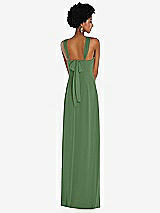 Rear View Thumbnail - Vineyard Green Draped Chiffon Grecian Column Gown with Convertible Straps
