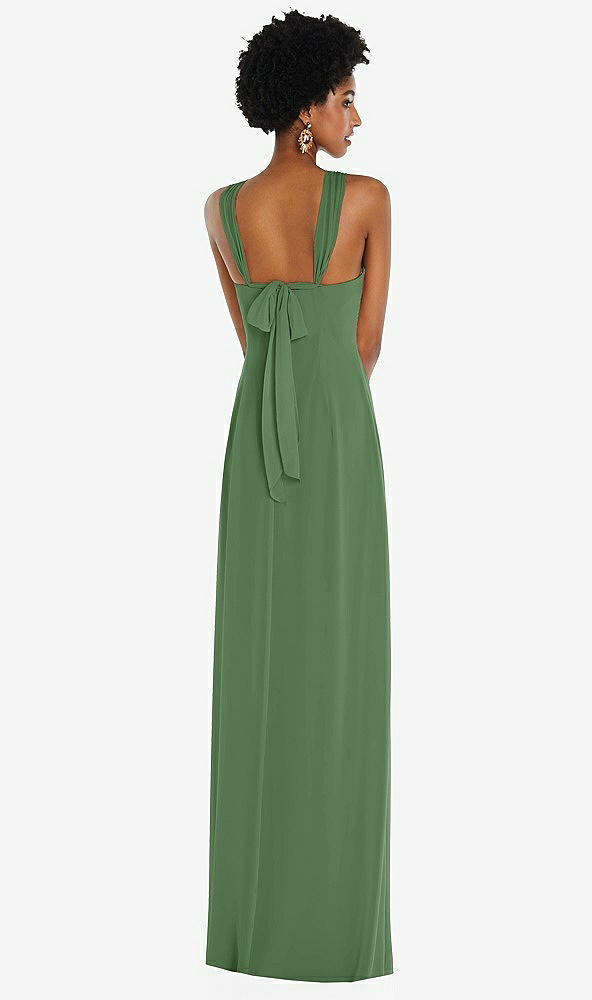 Back View - Vineyard Green Draped Chiffon Grecian Column Gown with Convertible Straps