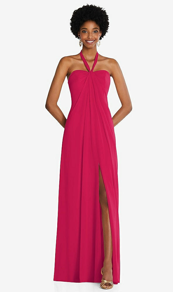 Front View - Vivid Pink Draped Chiffon Grecian Column Gown with Convertible Straps