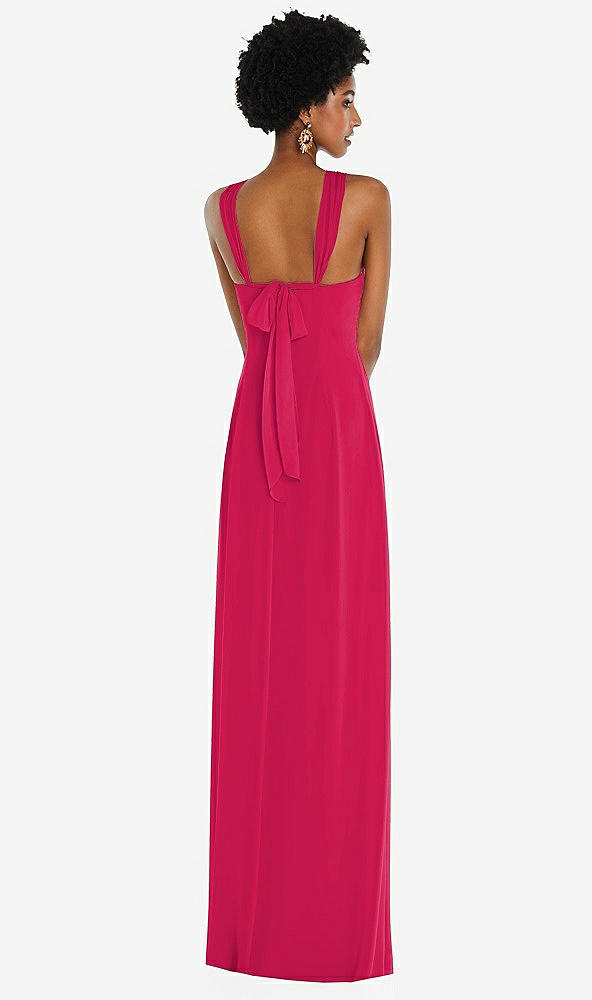 Back View - Vivid Pink Draped Chiffon Grecian Column Gown with Convertible Straps