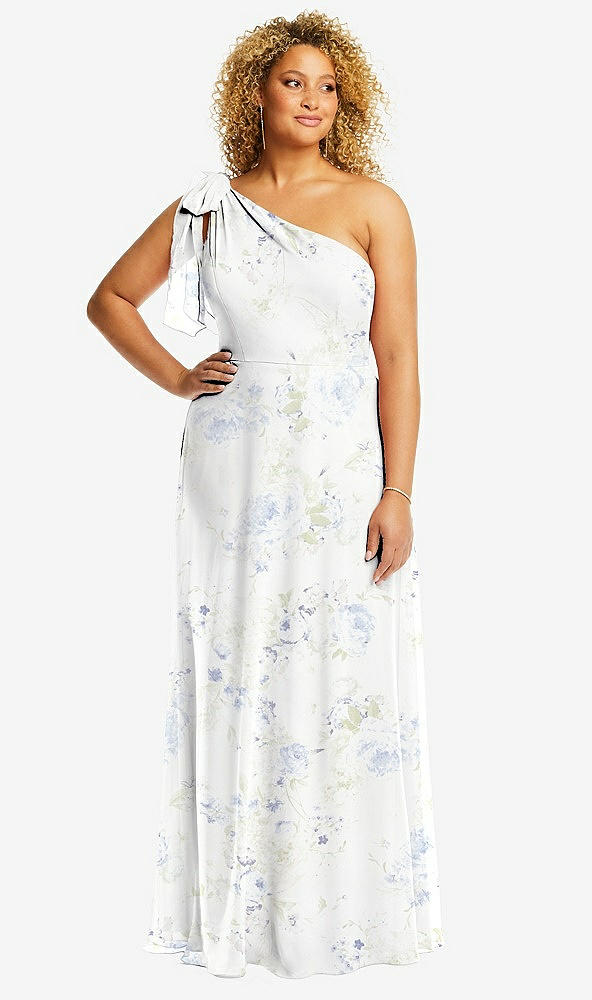 Front View - Bleu Garden Draped One-Shoulder Maxi Dress with Scarf Bow