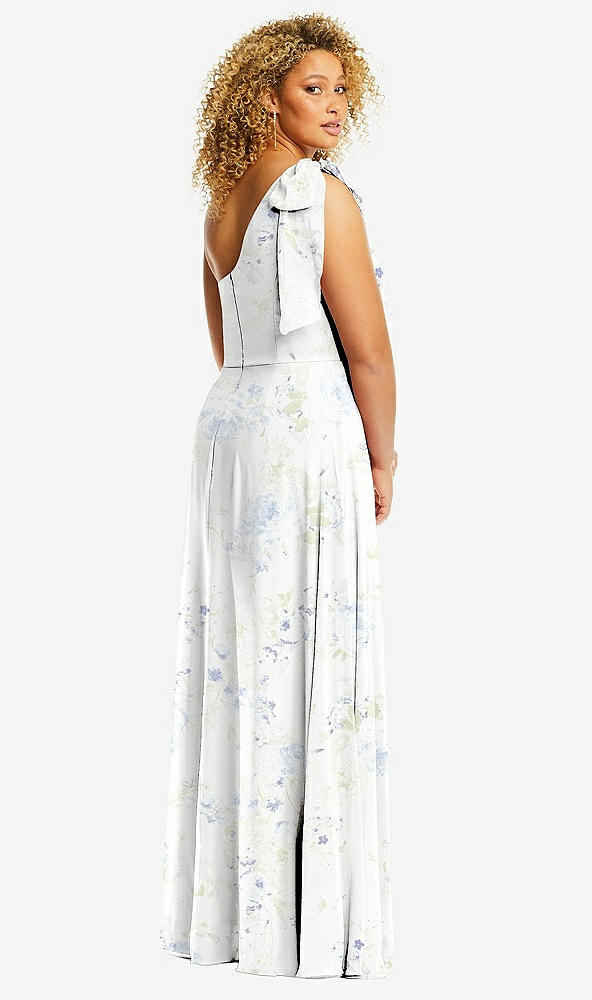 Back View - Bleu Garden Draped One-Shoulder Maxi Dress with Scarf Bow