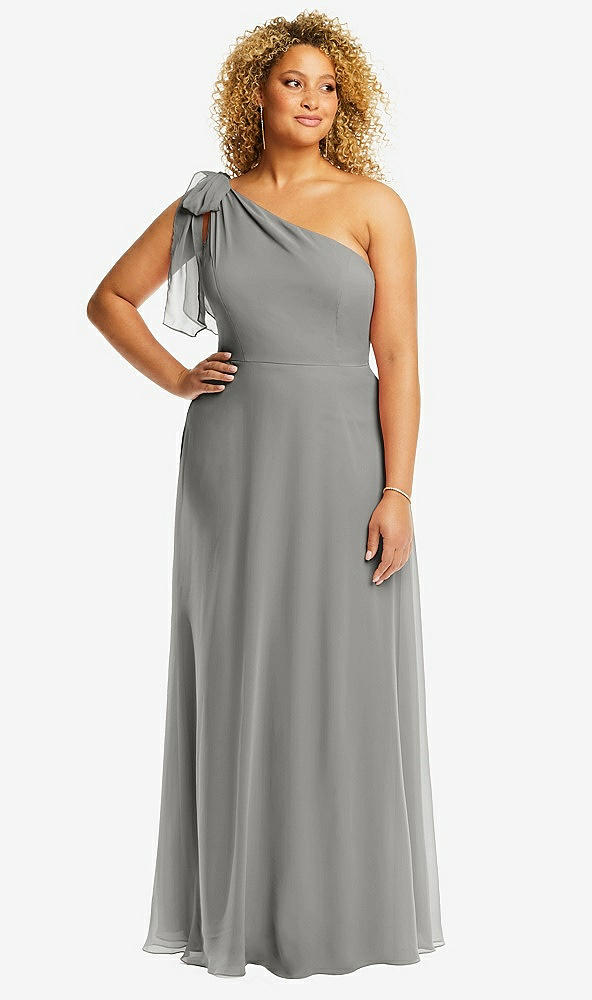 Front View - Chelsea Gray Draped One-Shoulder Maxi Dress with Scarf Bow