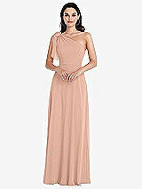 Alt View 1 Thumbnail - Pale Peach Draped One-Shoulder Maxi Dress with Scarf Bow