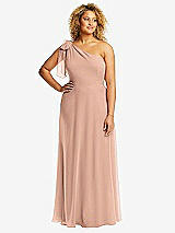 Front View Thumbnail - Pale Peach Draped One-Shoulder Maxi Dress with Scarf Bow