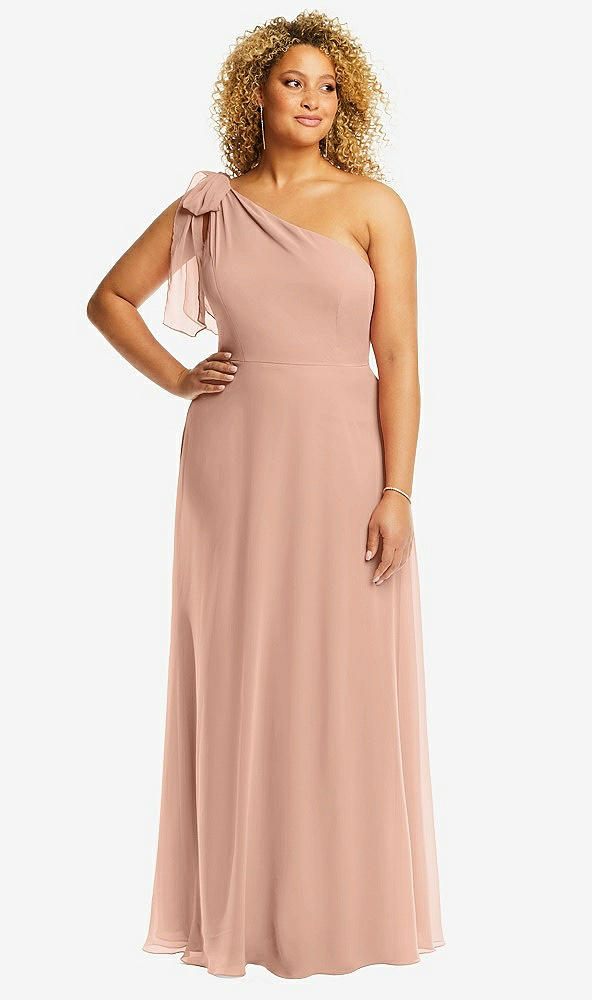Front View - Pale Peach Draped One-Shoulder Maxi Dress with Scarf Bow