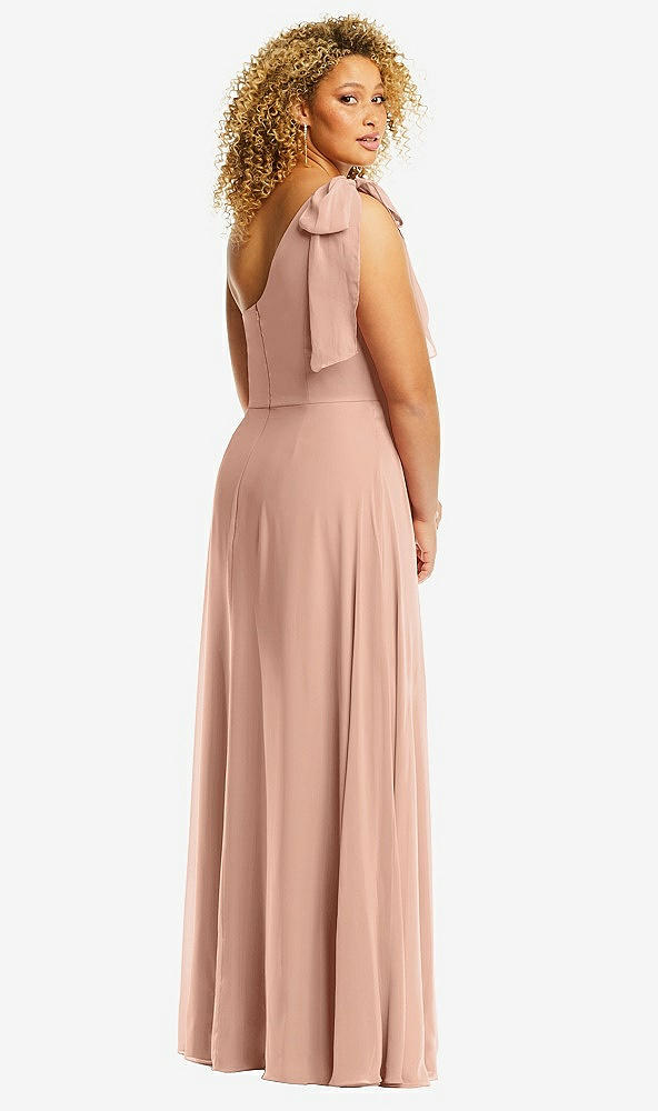 Back View - Pale Peach Draped One-Shoulder Maxi Dress with Scarf Bow