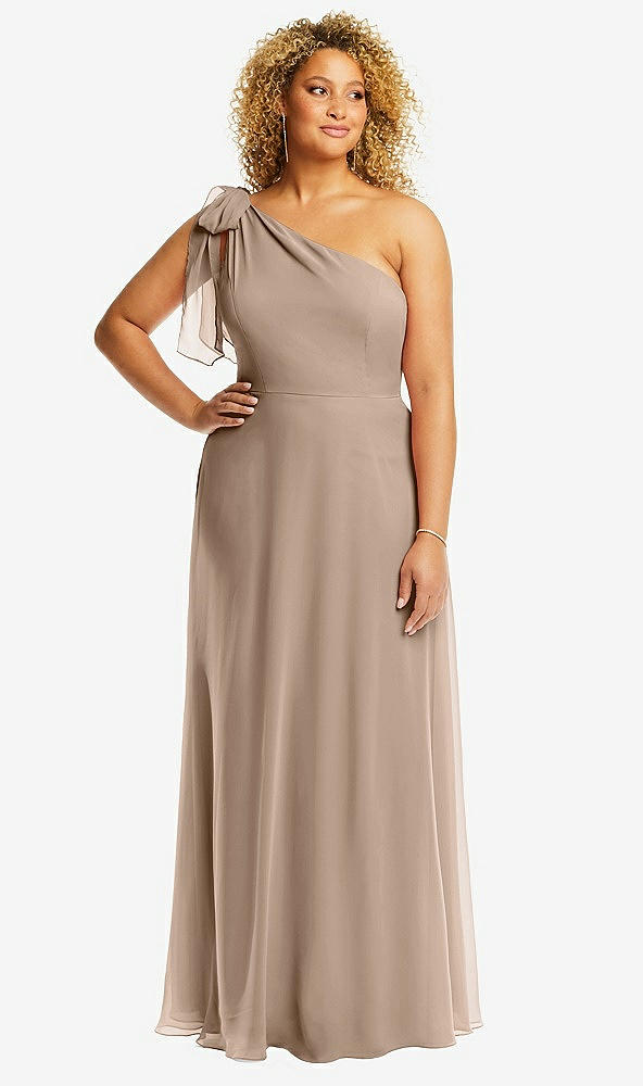 Front View - Topaz Draped One-Shoulder Maxi Dress with Scarf Bow