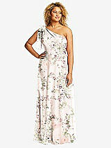 Front View Thumbnail - Blush Garden Draped One-Shoulder Maxi Dress with Scarf Bow