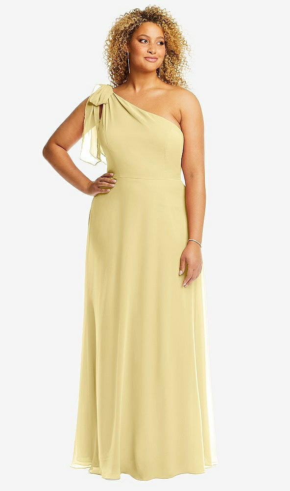 Front View - Pale Yellow Draped One-Shoulder Maxi Dress with Scarf Bow