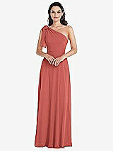 Alt View 1 Thumbnail - Coral Pink Draped One-Shoulder Maxi Dress with Scarf Bow