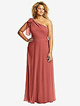 Front View Thumbnail - Coral Pink Draped One-Shoulder Maxi Dress with Scarf Bow