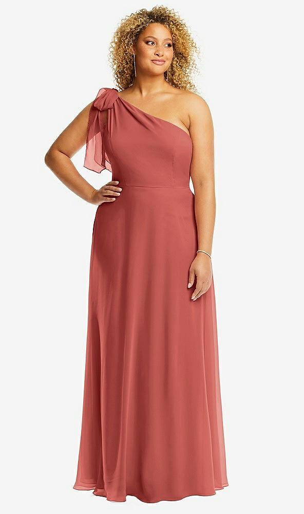 Front View - Coral Pink Draped One-Shoulder Maxi Dress with Scarf Bow