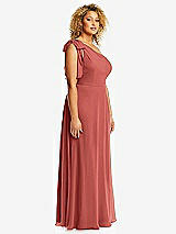 Side View Thumbnail - Coral Pink Draped One-Shoulder Maxi Dress with Scarf Bow