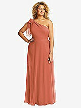 Front View Thumbnail - Terracotta Copper Draped One-Shoulder Maxi Dress with Scarf Bow