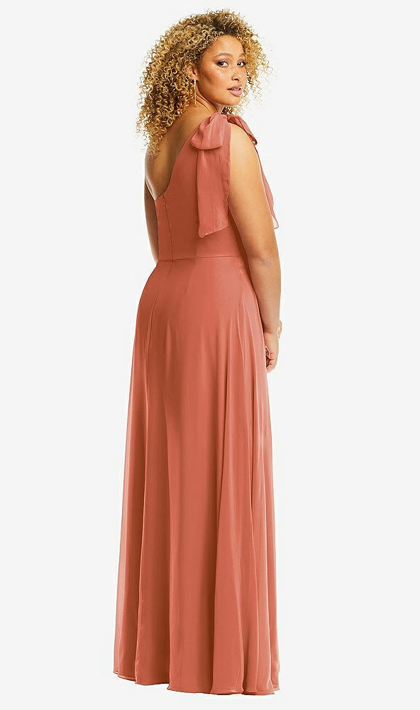Back View - Terracotta Copper Draped One-Shoulder Maxi Dress with Scarf Bow