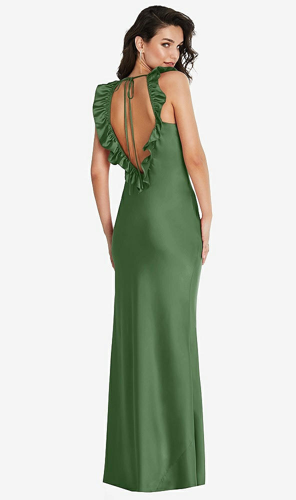 Front View - Vineyard Green Ruffle Trimmed Open-Back Maxi Slip Dress