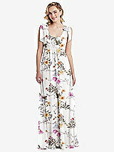 Front View Thumbnail - Butterfly Botanica Ivory Empire Waist Shirred Skirt Convertible Sash Tie Maxi Dress