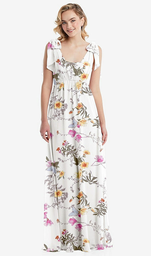 Front View - Butterfly Botanica Ivory Empire Waist Shirred Skirt Convertible Sash Tie Maxi Dress