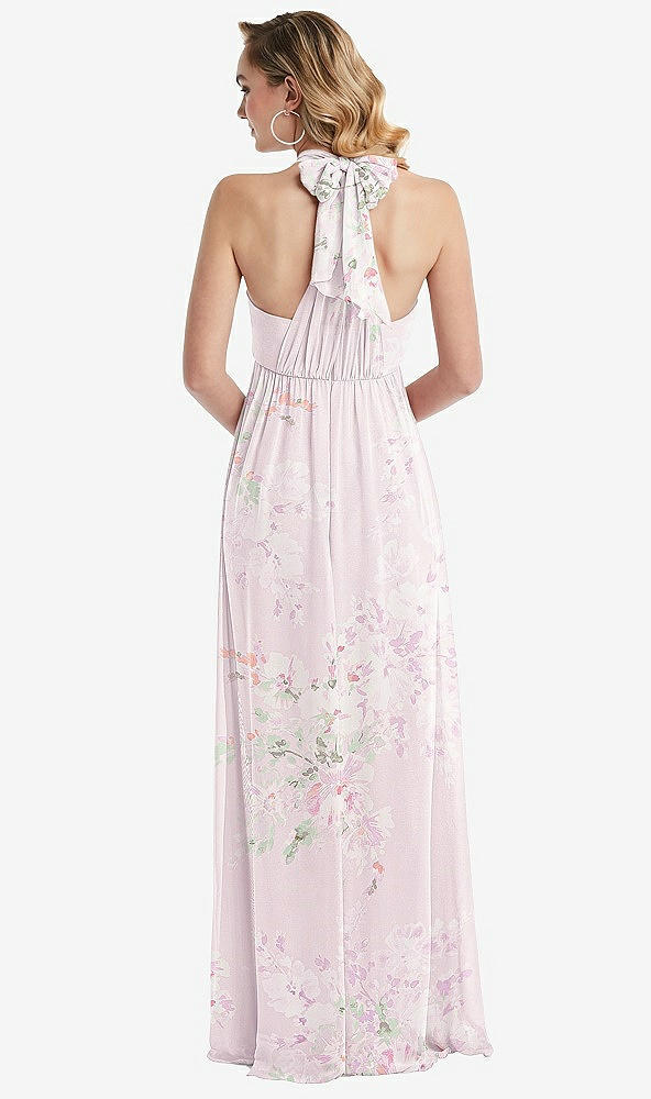 Back View - Watercolor Print Empire Waist Shirred Skirt Convertible Sash Tie Maxi Dress
