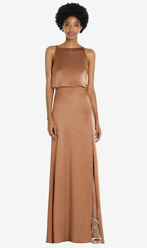 Back View - Toffee High-Neck Low Tie-Back Maxi Dress with Adjustable Straps