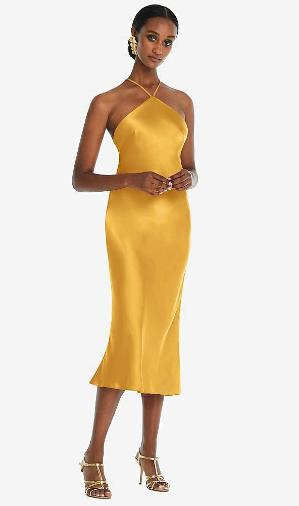 Front View - NYC Yellow Diamond Halter Bias Midi Slip Dress with Convertible Straps