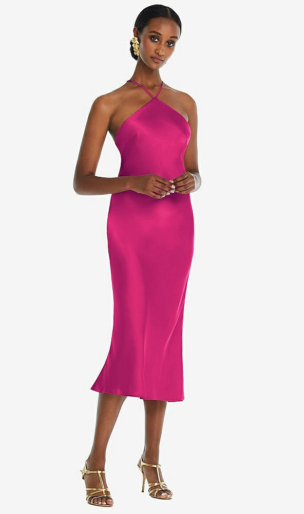 Front View - Think Pink Diamond Halter Bias Midi Slip Dress with Convertible Straps