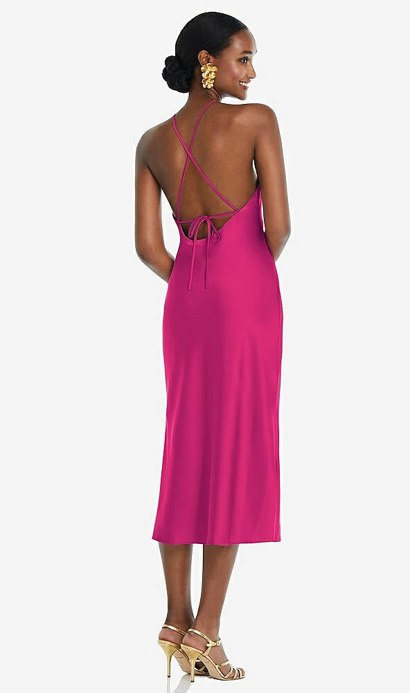 Back View - Think Pink Diamond Halter Bias Midi Slip Dress with Convertible Straps