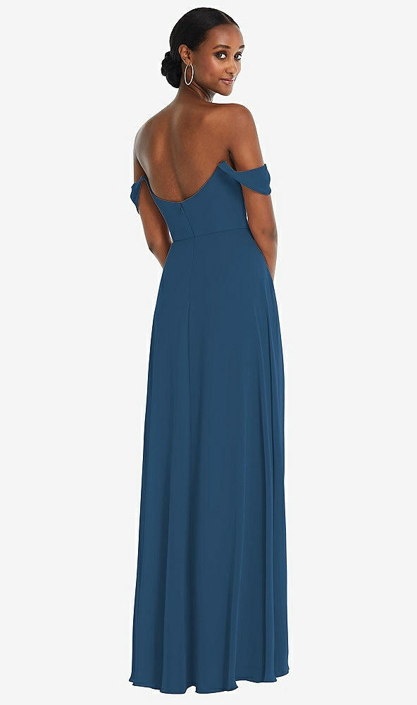 Back View - Dusk Blue Off-the-Shoulder Basque Neck Maxi Dress with Flounce Sleeves