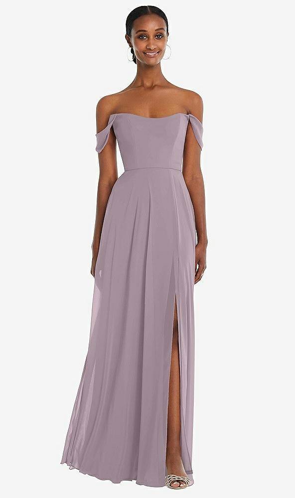 Front View - Lilac Dusk Off-the-Shoulder Basque Neck Maxi Dress with Flounce Sleeves