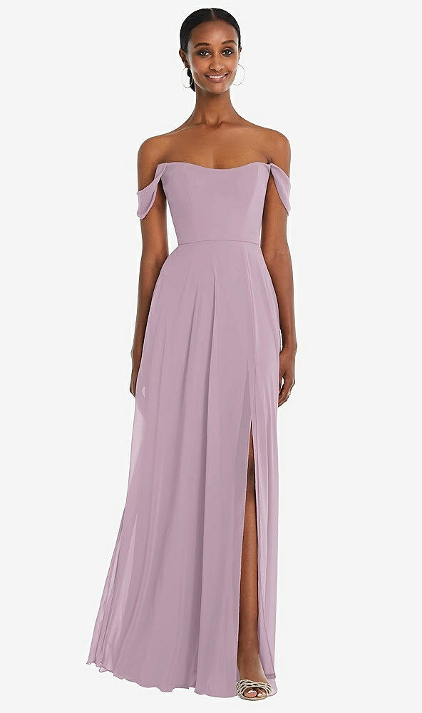 Front View - Suede Rose Off-the-Shoulder Basque Neck Maxi Dress with Flounce Sleeves