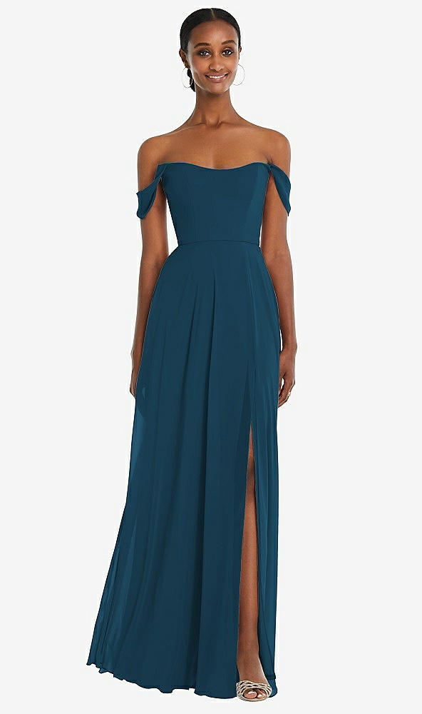 Front View - Atlantic Blue Off-the-Shoulder Basque Neck Maxi Dress with Flounce Sleeves