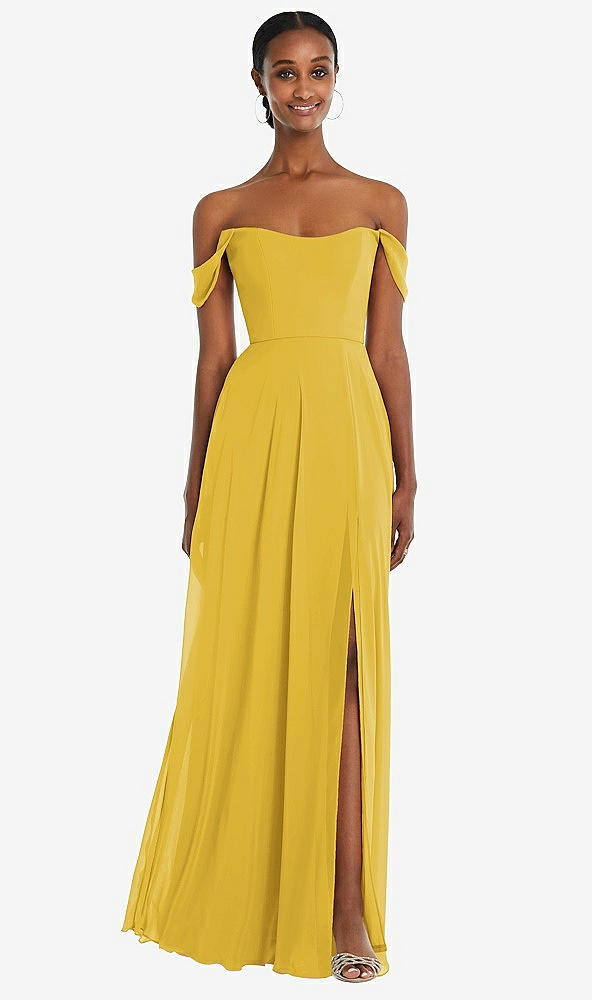 Front View - Marigold Off-the-Shoulder Basque Neck Maxi Dress with Flounce Sleeves