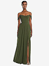 Front View Thumbnail - Olive Green Off-the-Shoulder Basque Neck Maxi Dress with Flounce Sleeves
