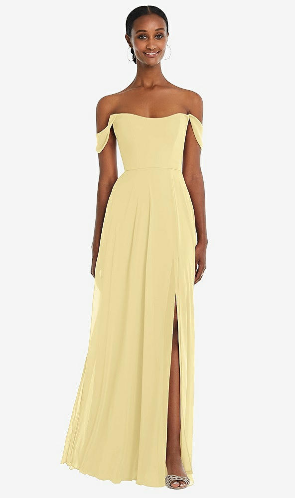 Front View - Pale Yellow Off-the-Shoulder Basque Neck Maxi Dress with Flounce Sleeves